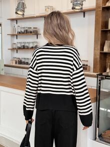 Easowa Women's Striped Casual Versatile Daily Outing Long Sleeve Cardigan - Black and White - View 5