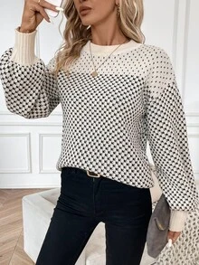 EMERY ROSE Suéter de hombros caídos con estampado total, Suéter de punto de manga larga para otoño e invierno - Multicolor - Ver 6
