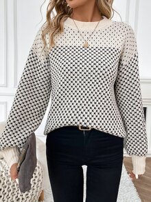 EMERY ROSE Suéter de hombros caídos con estampado total, Suéter de punto de manga larga para otoño e invierno - Multicolor - Ver 5