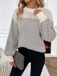EMERY ROSE Suéter de hombros caídos con estampado total, Suéter de punto de manga larga para otoño e invierno - Multicolor - Ver 2