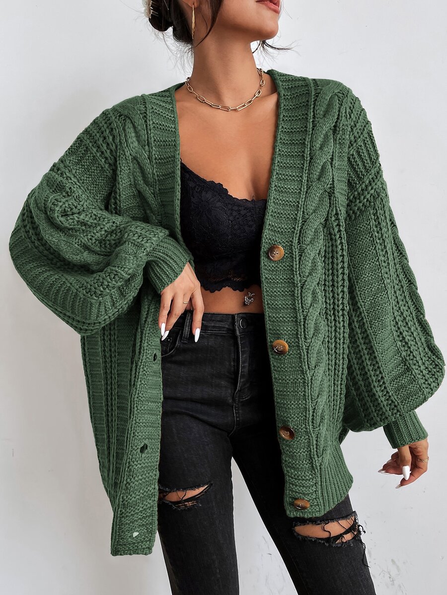SHEIN Cárdigan de punto de cable con botones delanteros lisos, tops de manga larga