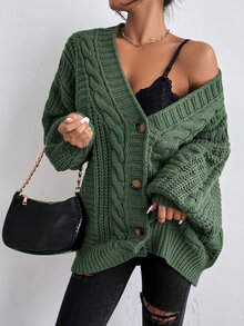 SHEIN Cárdigan de punto de cable con botones delanteros lisos, tops de manga larga - Verde Oliva - Ver 6