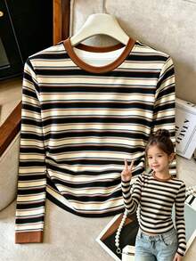(1 Pc) Tween Girls Fall Tops Color-Block Striped Crew Neck Long Sleeve T-Shirt, Casual Fall Clothes - Multicolor - View 3