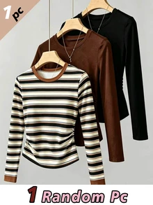 (1 Pc) Tween Girls Fall Tops Color-Block Striped Crew Neck Long Sleeve T-Shirt, Casual Fall Clothes - Multicolor - View 1
