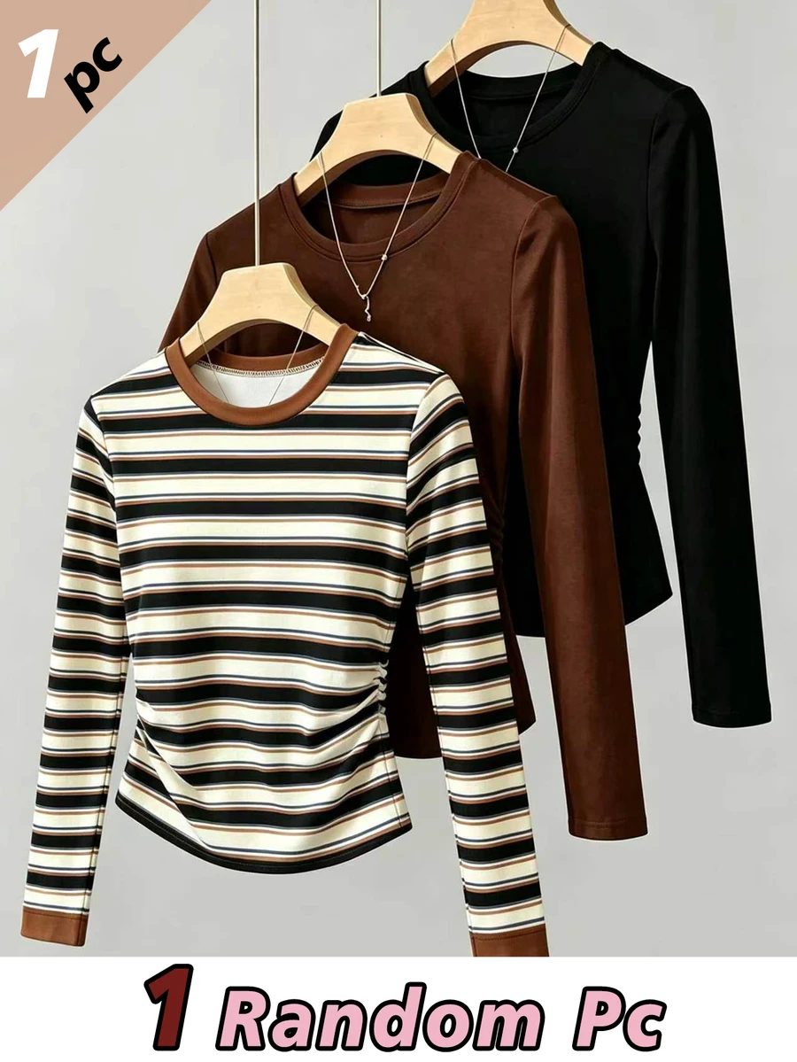 (1 Pc) Tween Girls Fall Tops Color-Block Striped Crew Neck Long Sleeve T-Shirt, Casual Fall Clothes - Multicolor - View 1