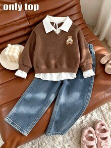 SHEIN 女童 2 合 1 襯衫領長袖休閒運動衫，時尚冬季休閒拼接運動衫，中性風格兒童款 - 棕色 - 查看 3