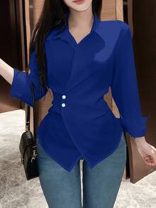 EMERY ROSE Women's Plain Color Long Sleeve Wrap Blouse, Spring Autumn Women Shirt - Royal Blue - View 6