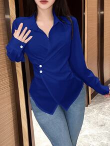 EMERY ROSE Women's Plain Color Long Sleeve Wrap Blouse, Spring Autumn Women Shirt - Royal Blue - View 7
