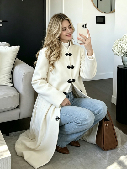 SHEIN PariChic Women's Autumn/Winter Overcoat, Vintage Elegant Oriental Style Cheongsam Frog Button Decor, Long Overcoat For Outdoor, Office, Commute, Gathering, Travel, Elegant Women's Outerwear