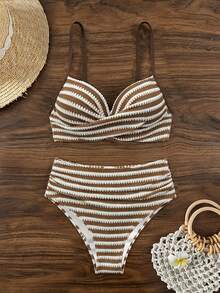 SHEIN Swim 夏季海灘度假女款條紋布料鋼圈交叉式上衣高腰抓皺泳褲 - 彩色 - 查看 4