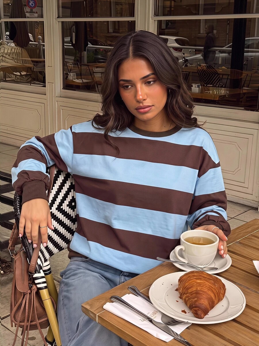 Siren Gaze Women's New Autumn/Winter Color Block Striped Sweatshirt - Brown - View 1