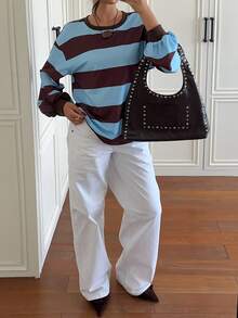 Siren Gaze Women's New Autumn/Winter Color Block Striped Sweatshirt - Brown - View 3