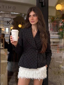 Siren Gaze Women's Shawl Collar Long Sleeve Polka Dot Blazer Jacket, Autumn/Winter New Style - Black - View 8