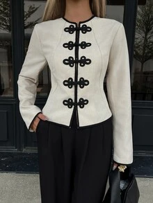 Siren Gaze Women's New Autumn/Winter Vintage Elegant Navy Style Colorblock Jacket Office Black - Apricot - View 4
