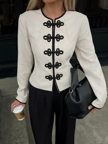 Siren Gaze Women's New Autumn/Winter Vintage Elegant Navy Style Colorblock Jacket Office Black - Apricot - View 3