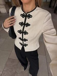 Siren Gaze Women's New Autumn/Winter Vintage Elegant Navy Style Colorblock Jacket Office Black - Apricot - View 7