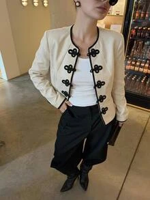 Siren Gaze Women's New Autumn/Winter Vintage Elegant Navy Style Colorblock Jacket Office Black - Apricot - View 8