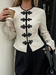 Siren Gaze Women's New Autumn/Winter Vintage Elegant Navy Style Colorblock Jacket Office Black - Apricot - View 9
