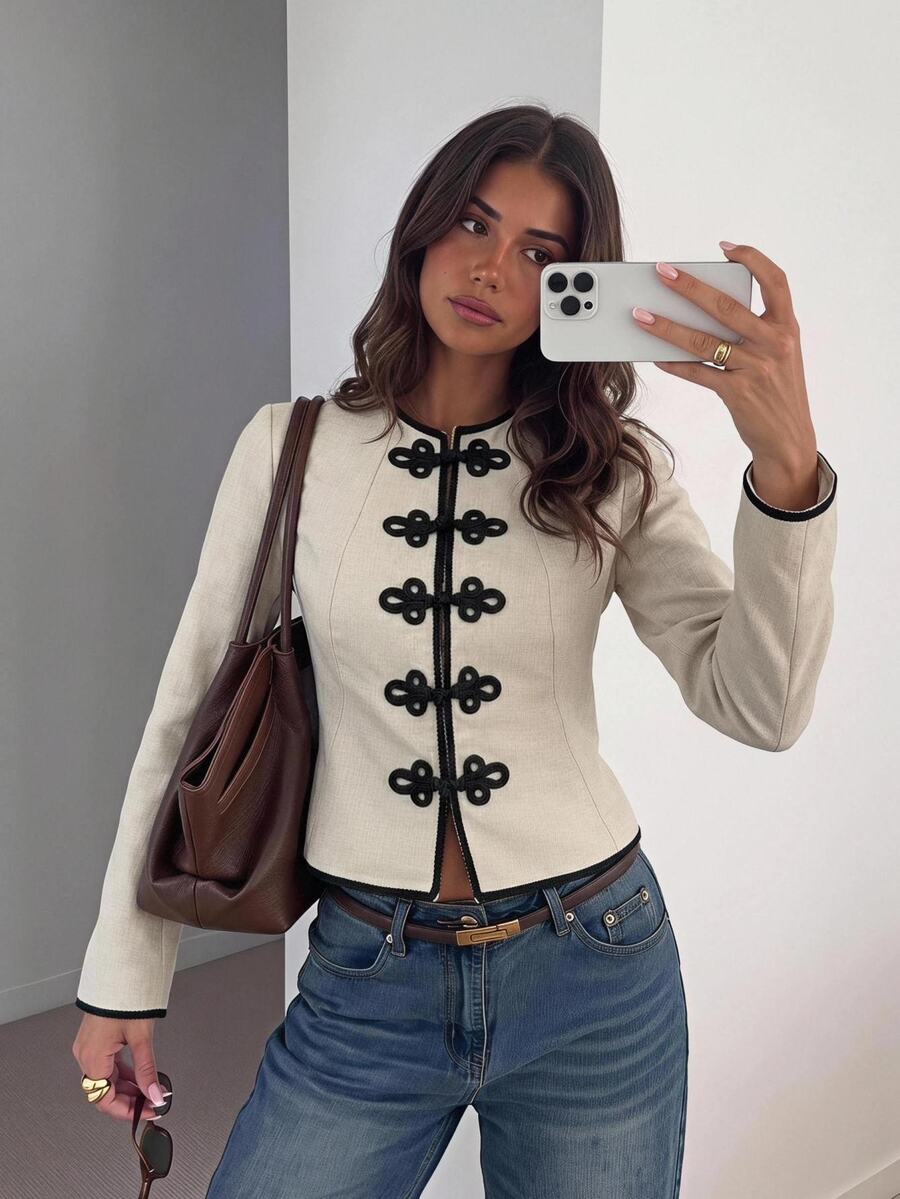 Siren Gaze Women's New Autumn/Winter Vintage Elegant Navy Style Colorblock Jacket Office Black - Apricot - View 1