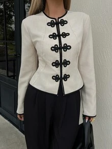 Siren Gaze Women's New Autumn/Winter Vintage Elegant Navy Style Colorblock Jacket Office Black - Apricot - View 6