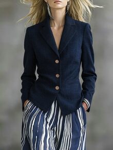 SHEIN 女款優雅夾克 時尚女裝 復古皇家藍修身收腰通勤長袖專業西裝外套 極簡高端深藍修身收腰假口袋通勤長袖西裝外套 - 藍色 - 查看 5