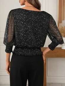 EMERY ROSE Kaos Fashion Wanita Motif Patchwork Jaring Mengkilap dengan Bagian Pinggang Berkerut - MultiWarna - View 2