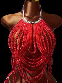 Mistrie Set 2 Potong Fashion Wanita Atasan Halter dan Rok Mini Berhiaskan Manik-manik Gaya Pesta Rave Konser Peri Seksi untuk Halloween Merah Musim Panas - Merah - View 4