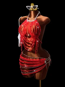 Mistrie Set 2 Potong Fashion Wanita Atasan Halter dan Rok Mini Berhiaskan Manik-manik Gaya Pesta Rave Konser Peri Seksi untuk Halloween Merah Musim Panas - Merah - View 7