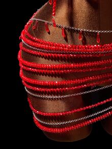 Mistrie Set 2 Potong Fashion Wanita Atasan Halter dan Rok Mini Berhiaskan Manik-manik Gaya Pesta Rave Konser Peri Seksi untuk Halloween Merah Musim Panas - Merah - View 8