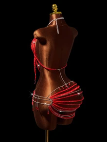Mistrie Set 2 Potong Fashion Wanita Atasan Halter dan Rok Mini Berhiaskan Manik-manik Gaya Pesta Rave Konser Peri Seksi untuk Halloween Merah Musim Panas - Merah - View 3