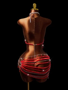 Mistrie Set 2 Potong Fashion Wanita Atasan Halter dan Rok Mini Berhiaskan Manik-manik Gaya Pesta Rave Konser Peri Seksi untuk Halloween Merah Musim Panas - Merah - View 6