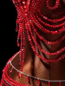 Mistrie Set 2 Potong Fashion Wanita Atasan Halter dan Rok Mini Berhiaskan Manik-manik Gaya Pesta Rave Konser Peri Seksi untuk Halloween Merah Musim Panas - Merah - View 5