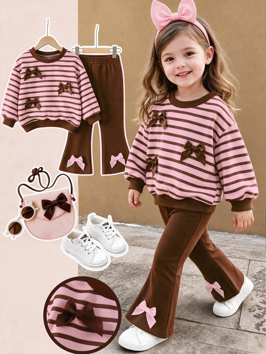 Baby Girls Fall Outfits Striped 3D Bow Decor Crew Neck Sweatshirt & Flare Pants Set, Fall Clothes Winter - Pink - View 1