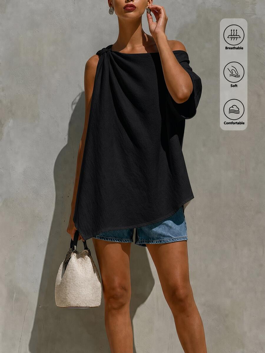 SHEIN Holidaya 女款露肩不對稱下擺上衣,度假優雅休閒黑色夏季款 - 黑色 - 查看 1
