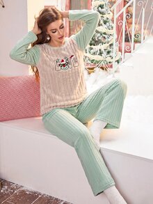 SHEIN طقم بيجامة نسائي ناعم من الفرو مع تطريز LOVE عيد الميلاد ملابس منزلية - أخضر - مشاهدة 4