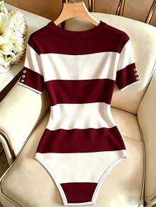 SHEIN Franclia Women's Colorblock Round Neck Casual Versatile Daily Wear Bodysuit - Burgundy - View 2