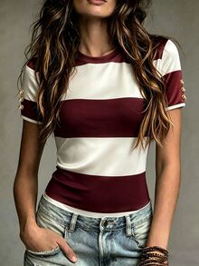 SHEIN Franclia Women's Colorblock Round Neck Casual Versatile Daily Wear Bodysuit - Burgundy - View 1