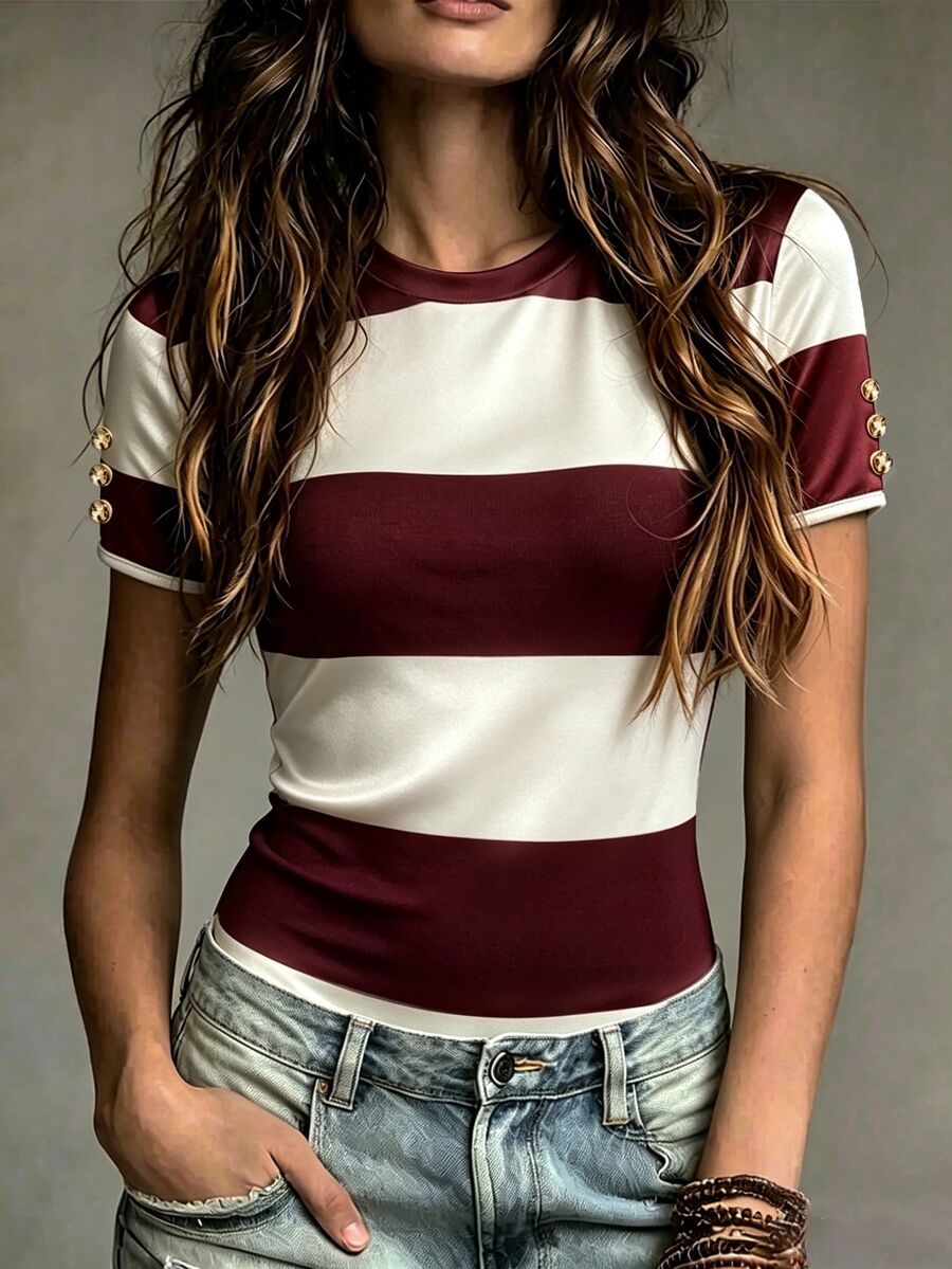 SHEIN Franclia Women's Colorblock Round Neck Casual Versatile Daily Wear Bodysuit - Burgundy - View 1