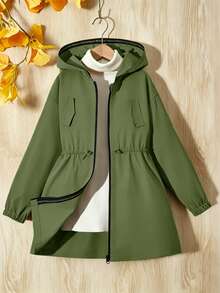 SHEIN Elladie kids (Tween Girl) 粉色收腰連帽字母裝飾運動休閒可調腰口袋夾克，秋季服飾，秋季，返校，學校 - 墨綠色 - 查看 3