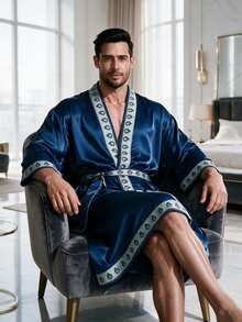 Jahmira Women Satin Long Robe, Geometric Printed Trim Kimono Bathrobe With Belt, Luxury Long Sleeve N - Royal Blue - View 3