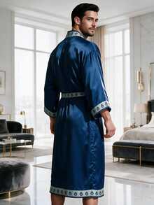 Jahmira Women Satin Long Robe, Geometric Printed Trim Kimono Bathrobe With Belt, Luxury Long Sleeve N - Royal Blue - View 2