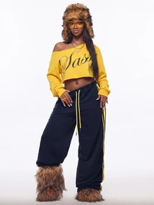 Vadaroq Women's Letter Print Asymmetric Collar Cropped Sweatshirt - Yellow - View 4