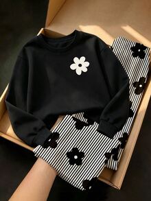 青少年女孩 1 套秋季套裝 花卉印花圓領衛衣與條紋寬腿長褲，秋季冬季服飾 - 彩色 - 查看 3