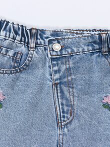 SHEIN Girls' Denim Skirt, Vacation Style, Exquisite Floral Embroidery, Ruffle Waistband, Comfortable To Wear, Versatile For Daily Wear Autumn Fall - Light Wash - View 7