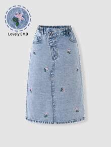 SHEIN Girls' Denim Skirt, Vacation Style, Exquisite Floral Embroidery, Ruffle Waistband, Comfortable To Wear, Versatile For Daily Wear Autumn Fall - Light Wash - View 4