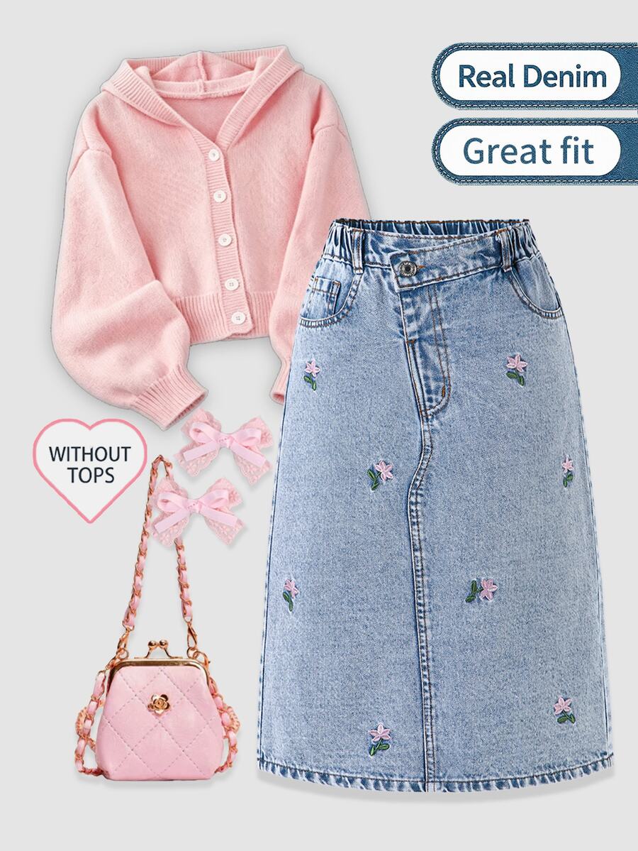 SHEIN Girls' Denim Skirt, Vacation Style, Exquisite Floral Embroidery, Ruffle Waistband, Comfortable To Wear, Versatile For Daily Wear Autumn Fall