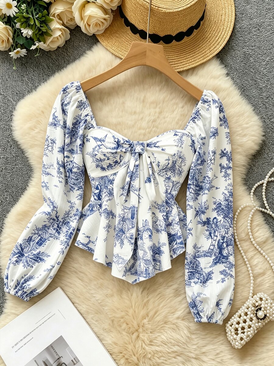 Roelina Women's All-Over Print Pleated Casual Versatile Daily Wear Top - White - View 1