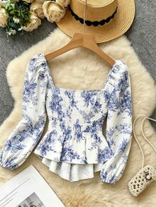 Roelina Women's All-Over Print Pleated Casual Versatile Daily Wear Top - White - View 2