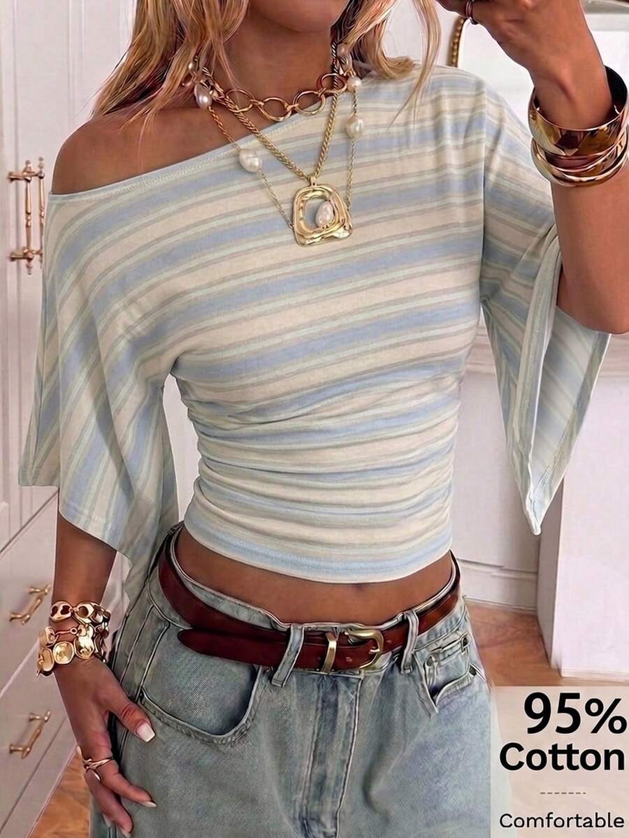 SHEIN EZwear 女款休閒露肩不對稱袖口修身條紋T恤,街頭風,適合日常通勤、約會、聚會,秋冬春夏,聖誕節、新年、感恩節、派對、婚禮、海灘、畢業典禮,時尚優雅休閒,適合外出、約會、通勤 - 彩色 - 查看 1
