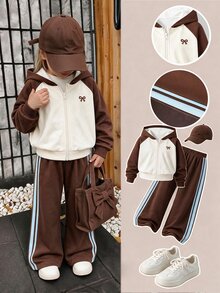 Young Girls 2 Pcs Fall Outfits Color Block Bow Embroidered Hooded Zip-Up Sweatshirt & Wide Leg Pants , Fall Winter - Brown - View 1